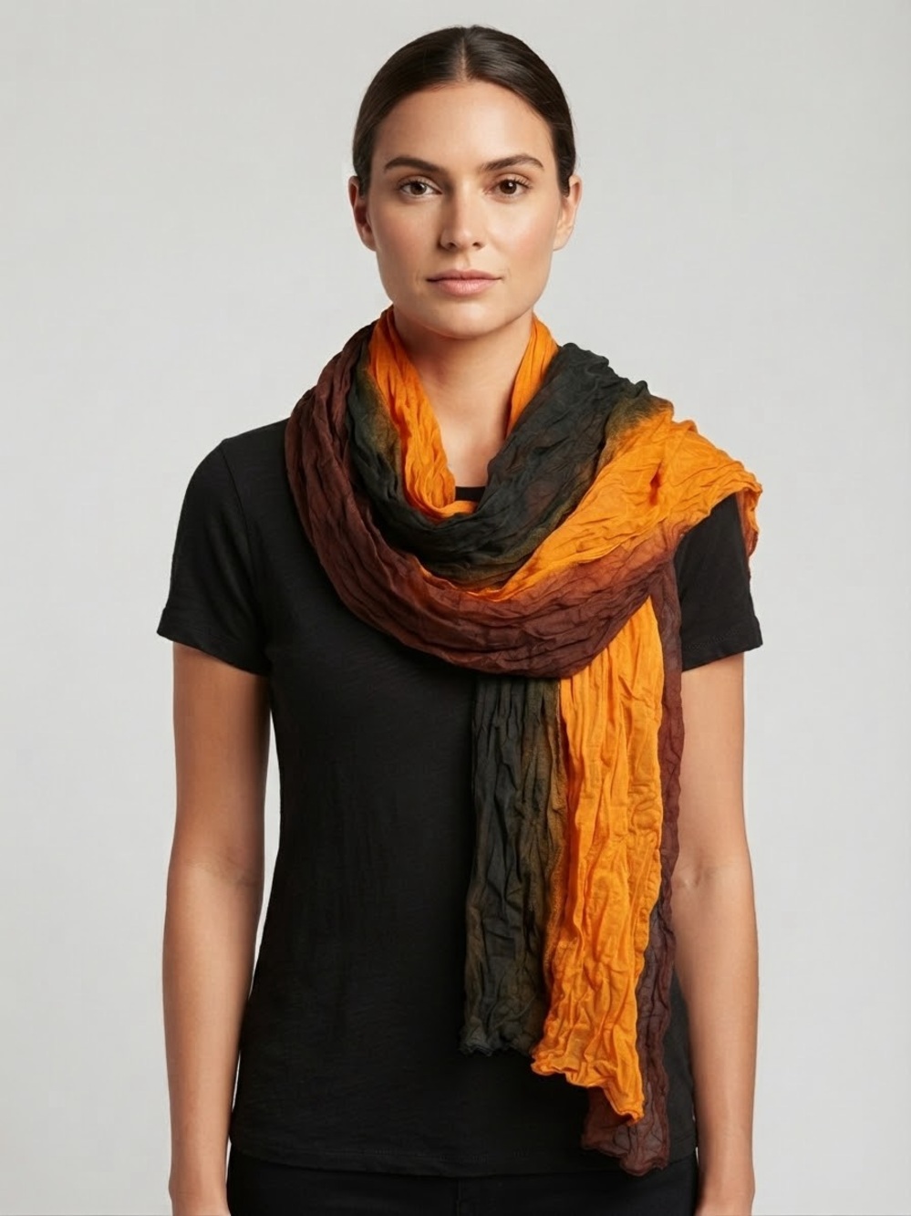 Source Unknown Orange, Brown & Green Crinkled Wrap Scarf